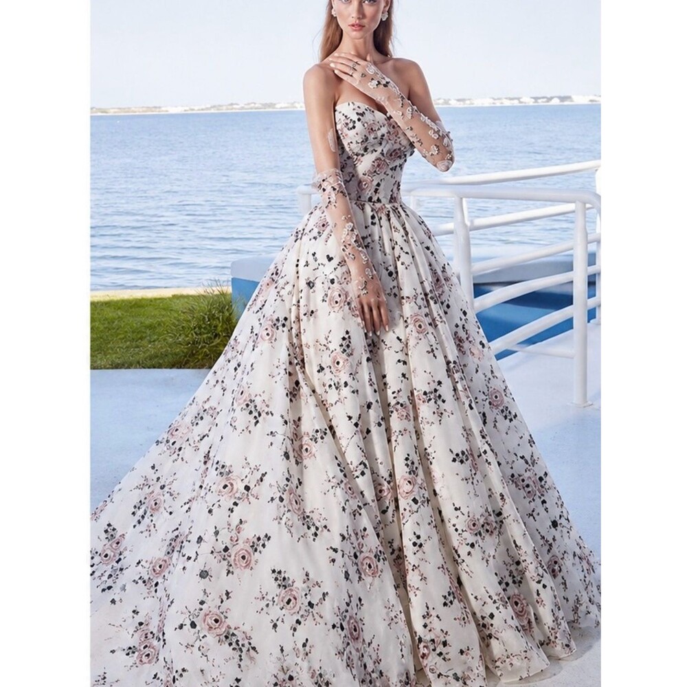 Liz Luo 1020 Romantic Floral Strapless Ball Gown Dress - Cream Pink